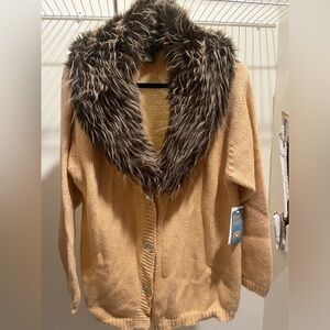 Maxine Marsh Vintage Faux Fox Fur Collar Long Handloomed Cardigan Sweater QVC